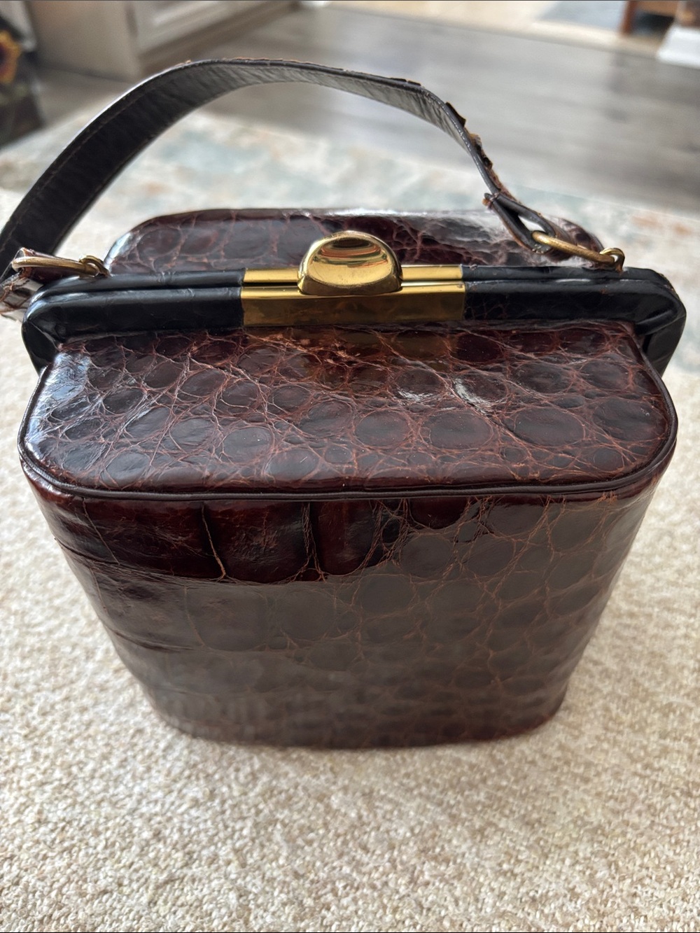Classic Brown Croc-Embossed Leather Top-Handle Bag
